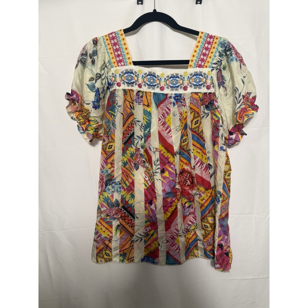 Johnny Was Silk Embroidered Mix Print Top Size M